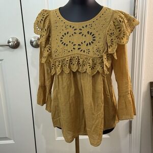 A Loves A Mustard Yellow Cotton Blouse Ruffle Sleeve Eyelet‎ Neckline S Boho